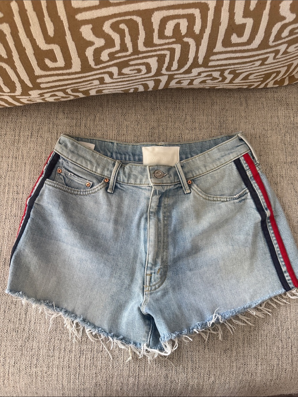 MOTHER Light Wash Denim Shorts with Red & Navy Side Stripes